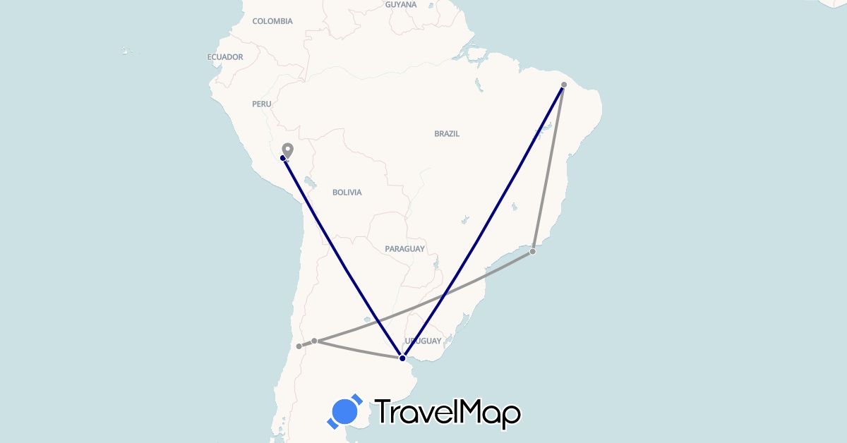 TravelMap itinerary: driving, plane in Argentina, Brazil, Chile, Peru (South America)