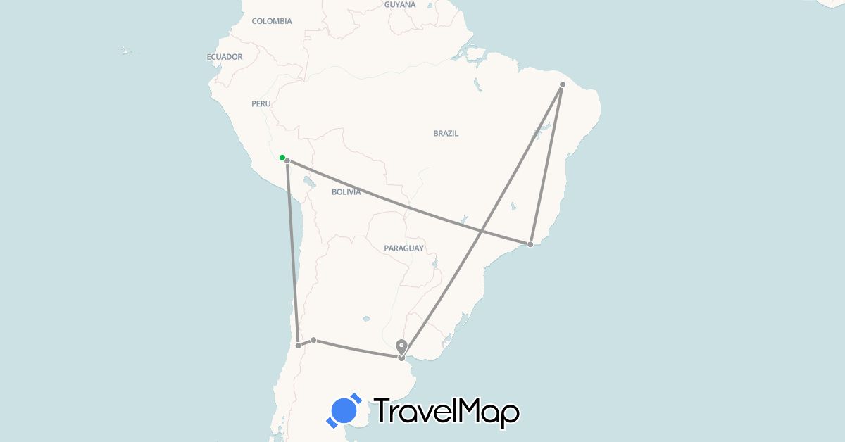 TravelMap itinerary: driving, bus, plane in Argentina, Brazil, Chile, Peru (South America)